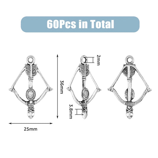 60PCS Tibetan Style Alloy Pendants Bow and Arrow Charms Antique Silver Archery Necklace Charms Arrow Beads Charms Collection