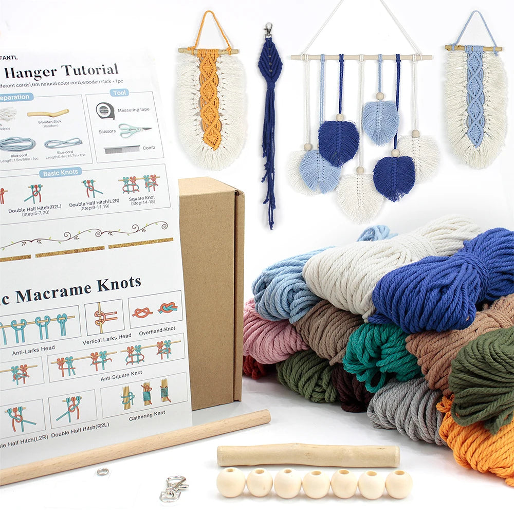 3pcs Handmade Knitting Leaf Combo Macrame Kit with Tutorial For Beginners Hand DIY Keychain Tapestry for Home Decor Wall Hanging