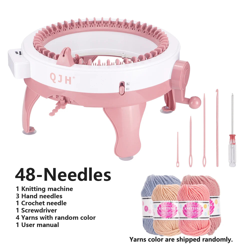 QJH 48-Needles Handheld Knitting Machine Kit With Yarns - DIY Craft Weaving Machine Set For Scarves, Sweaters, Hats & Socks