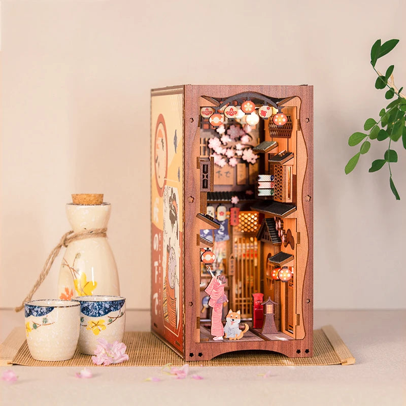 Cutebee DIY Book Nook Sakura Miniature Dollhouse Bookshelf Insert Japanese Wooden Bookend 3D Lighting Building for Kid Gifts