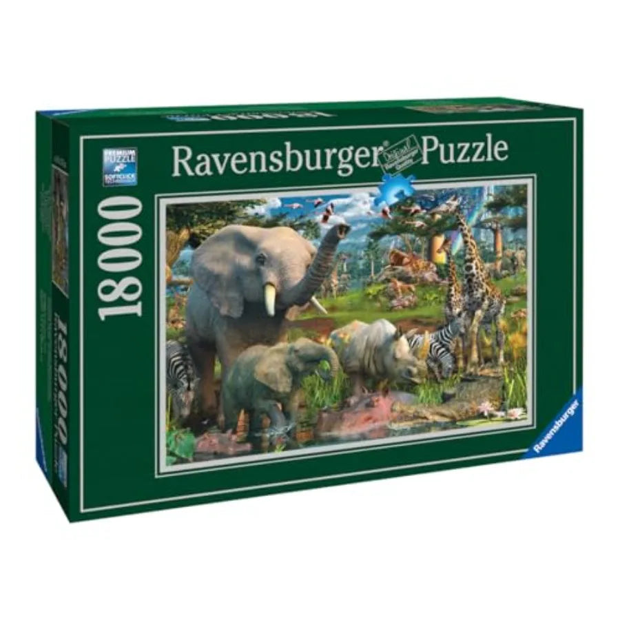 Spectacular 18000 Piece Jigsaw Puzzle - Stunning African Plains Oasis with Elephants, Lions, and Flora - Premium Quality - Puzzl