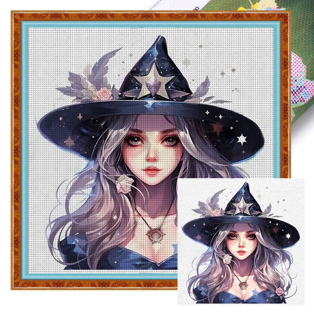 Full Embroidery Cotton Thread 11CT Printed Halloween Witch Cross Stitch 60x60cm