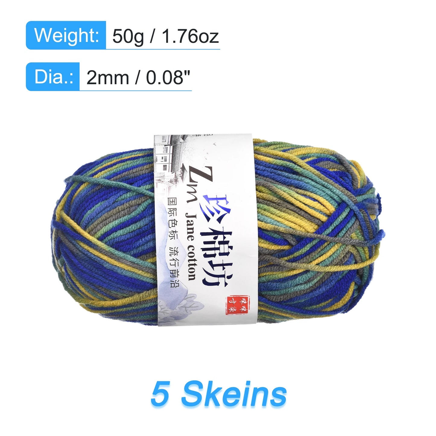 Cotton Blend Yarn, 5 Pack of 50g/1.76oz Soft Crochet Craft Yarns for Knitting and Crocheting Craft Projects, Blue-Yellow
