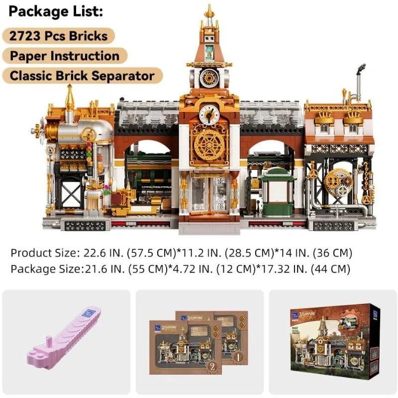 2788PCS MOC Steampunk Railway Station Large Building Blocks Mechanical Train Station Model Desktop Decoration DIY Toys Kids Gift
