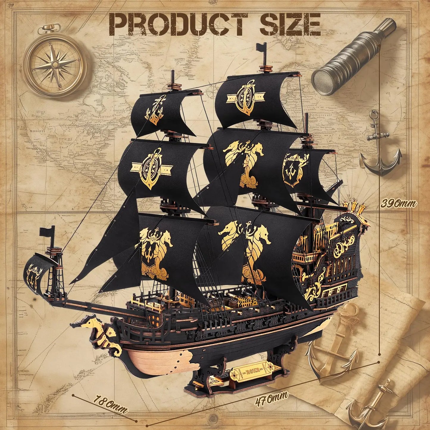 ROBOTIME 3D Wooden Puzzle  Wooden Ship Model Kits for Teens&Adults to Build Home Desk Decoration Gifts (The Seahorse Barque)