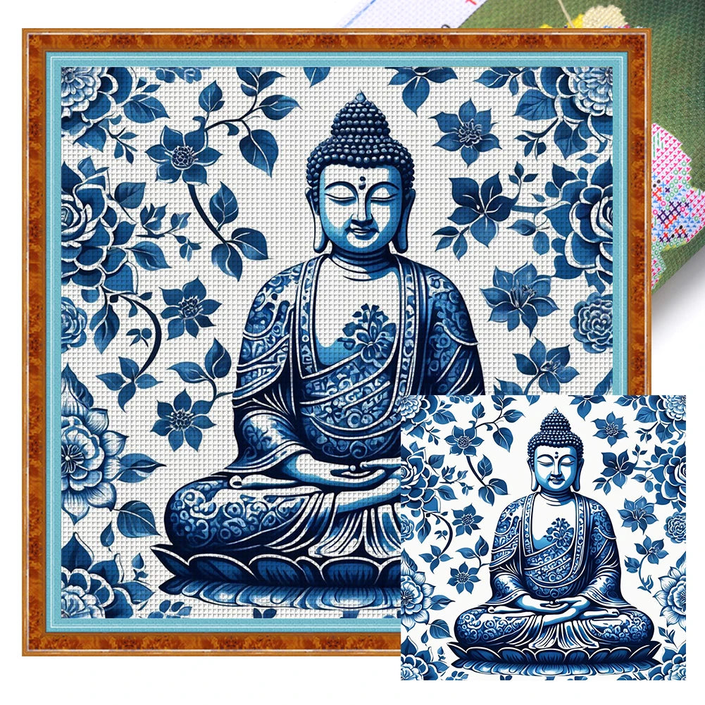 Full Embroidery Eco-cotton Thread 14CT Printed Blue and White Cross Stitch Kit