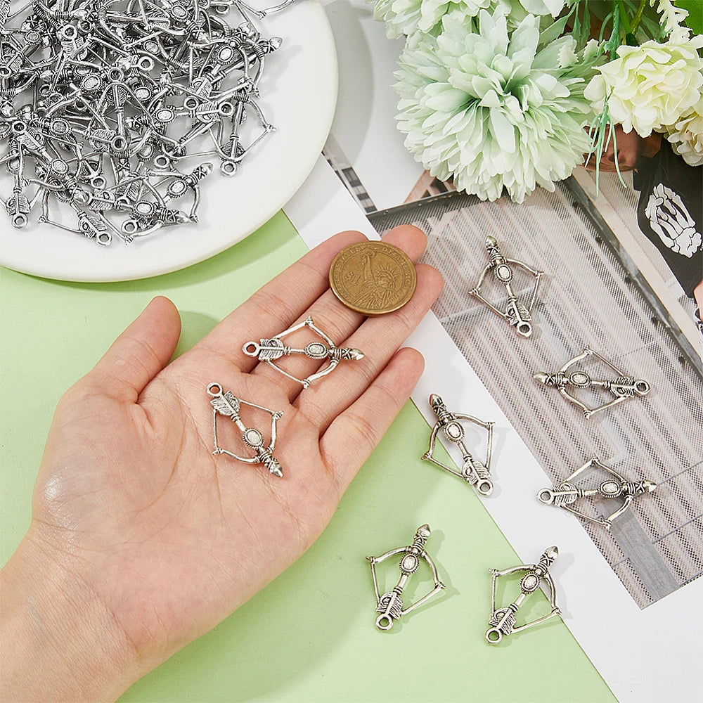 60PCS Tibetan Style Alloy Pendants Bow and Arrow Charms Antique Silver Archery Necklace Charms Arrow Beads Charms Collection