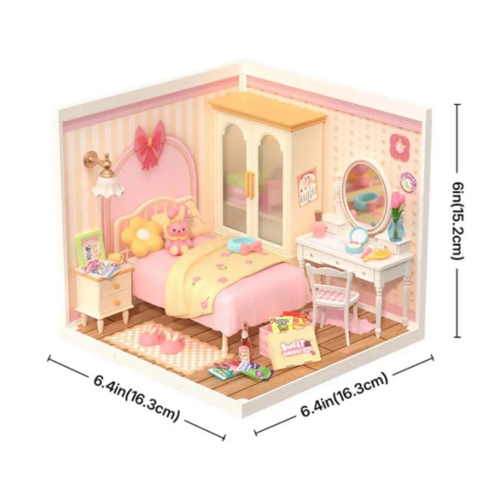 Robotime Rolife Lovely Pink Bedroom DIY Miniature House with Accessories  with LED to Build Decent Birthday Gift DW016