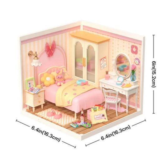 Robotime Rolife Lovely Pink Bedroom DIY Miniature House with Accessories  with LED to Build Decent Birthday Gift DW016