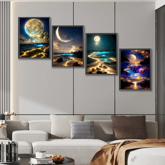 4pcs Moonlight 5D DIY Full Drill Round Diamond Painting Kit Home Decor 30x40cm