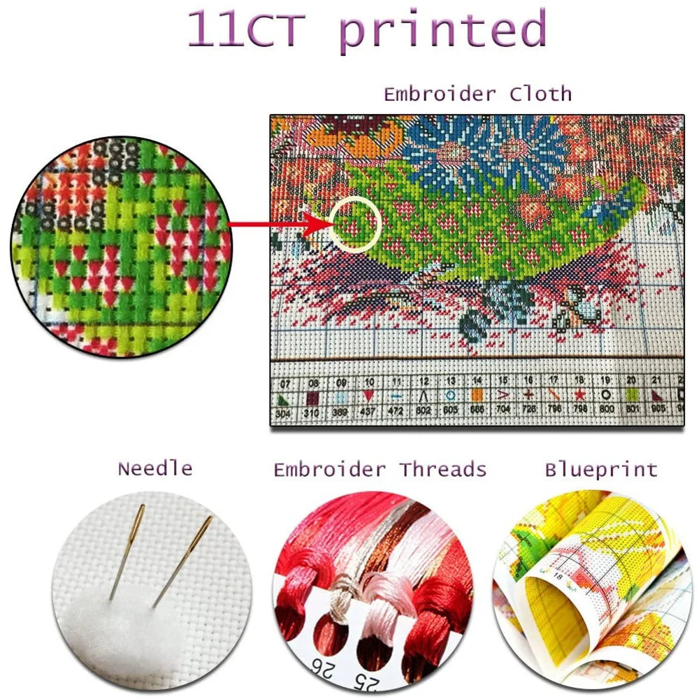 Cross Stitch Kit Cotton Thread Cross-Stitch DIY Craft Embroidery Fabric Full Printed Canvas Set Adults Hobby Gift Cartoon Cat