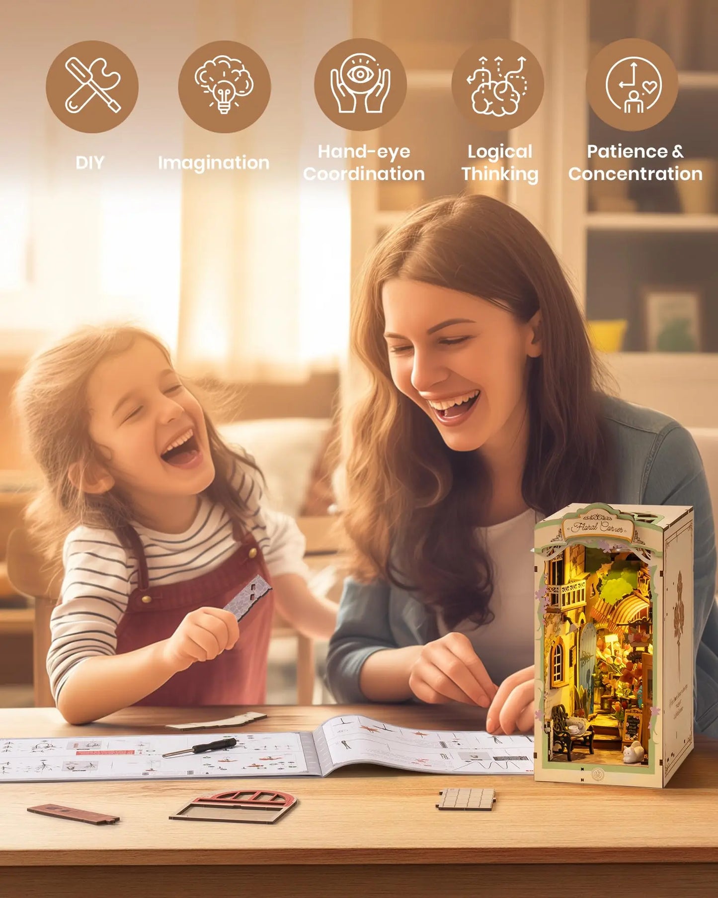 Robotime Rolife Floral Corner Book Nook 3D Wooden Toys Home Book Shelf Decoration DIY Miniature House Gifts for Family