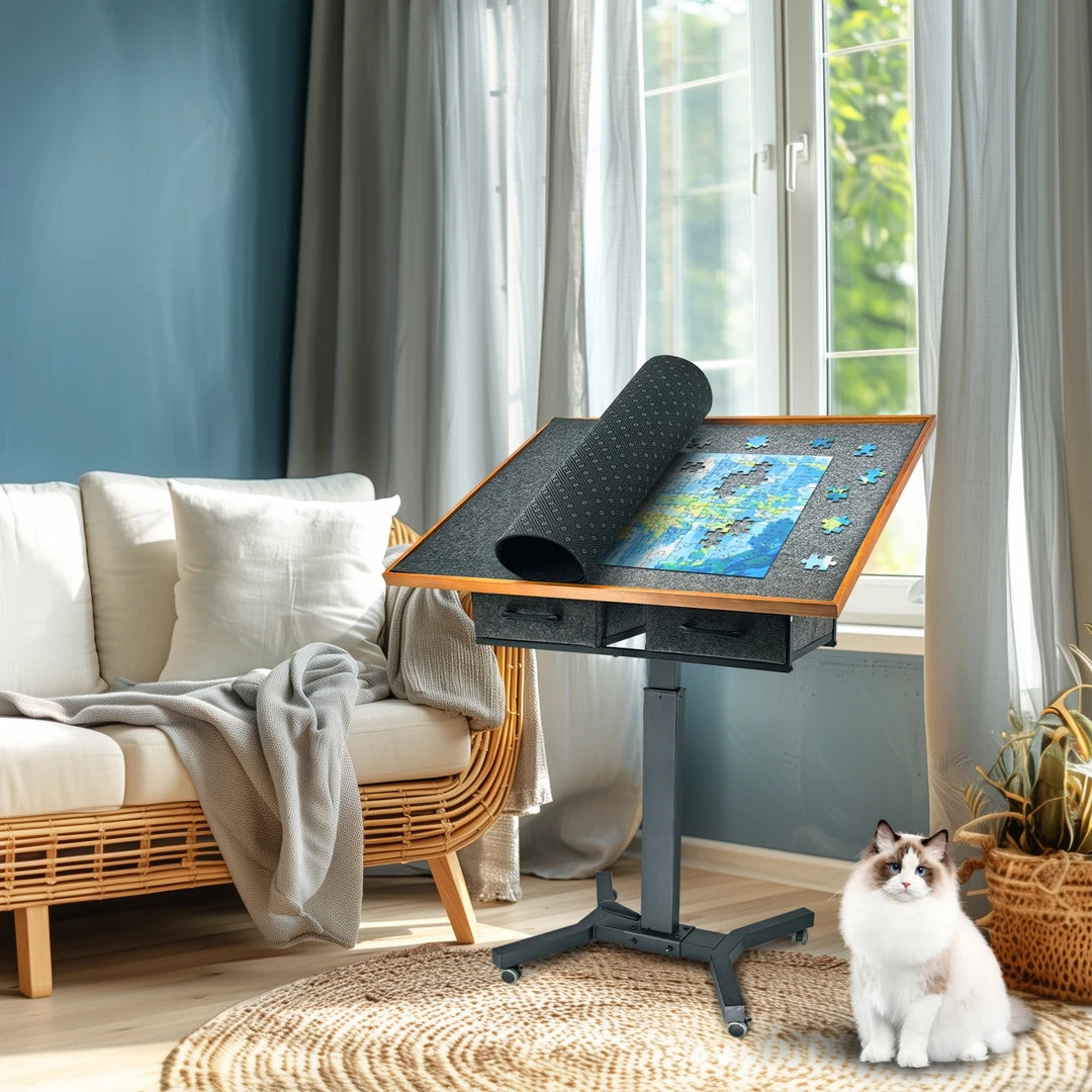 Freestanding Jigsaw Puzzle Table w/ Drawers, Adjustable 1500pcs Board, 360° Rotating Wheels, Portable Workstation