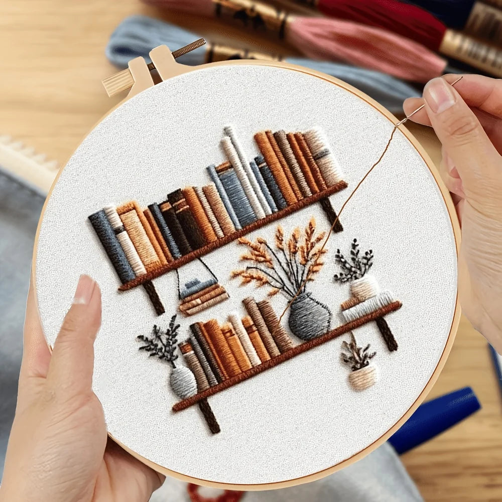 Creative Bookshelf Flower And Plant Book Pattern Series Handmade DIY Embroidery Material Package Set. The Embroidery Set Include