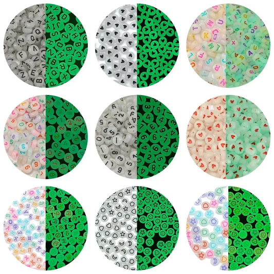 100/200/300/500pcs Acrylic Luminous Beads Round Heart Flower Square Alphabet Beads For Jewelry Making Diy Bracelet Accessorie
