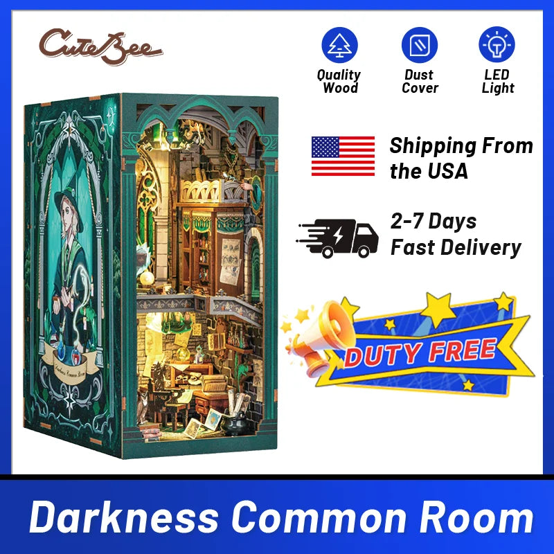 CUTEBEE DIY Book Nook Wooden Dollhouse with Light Dust Cover Magic Bookshelf Insert 3D Puzzle Decor Gift Darkness Common Room
