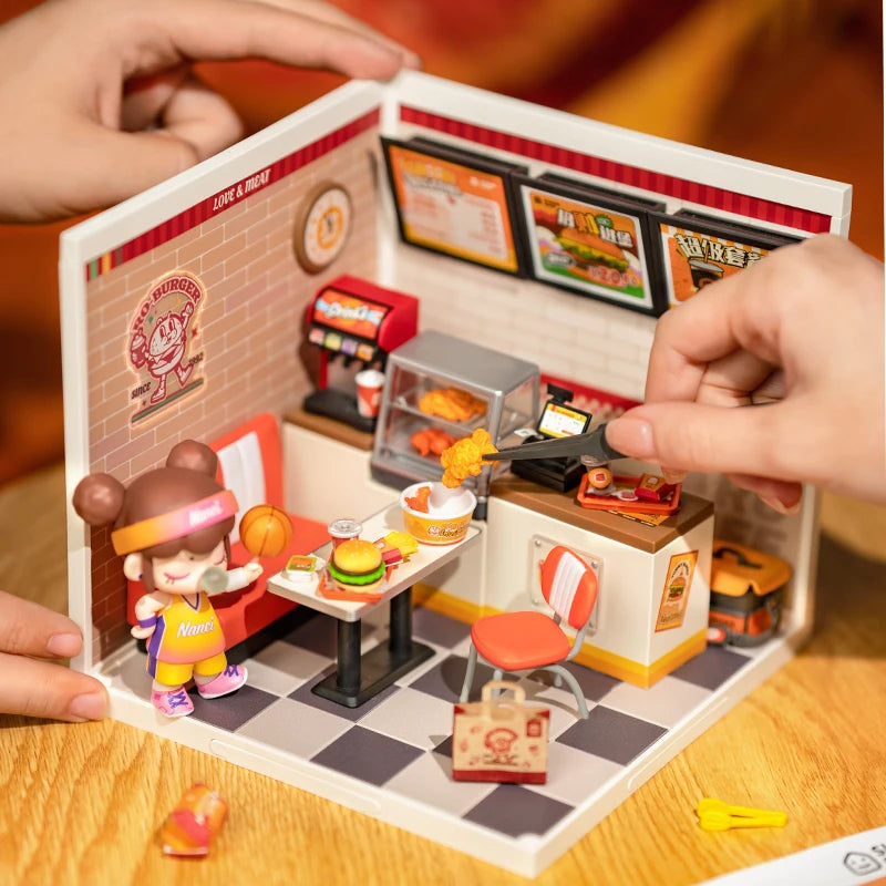 Robotime Rolife Super Creator Series Plastic Dollhouse Building Blocks for Kids Yum Burgers Leisurely Cheers Bar Sweet Sips Tea