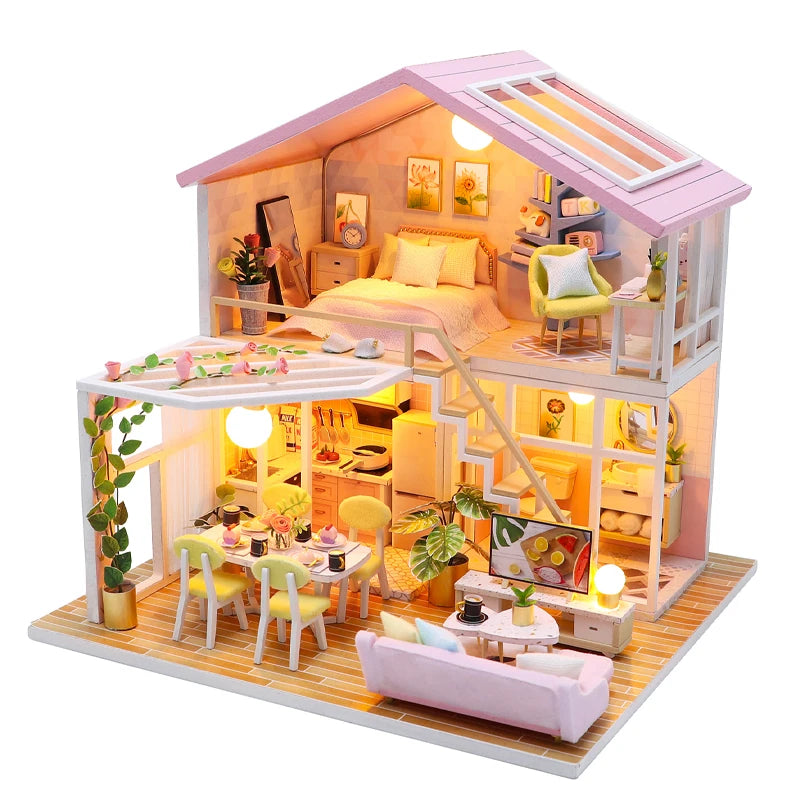 Dollhouse Miniature Pink Villa Assembly Model Architecture DIY Handmade 3D Puzzle Toy Set Wooden Crafts Girl Birthday Gift
