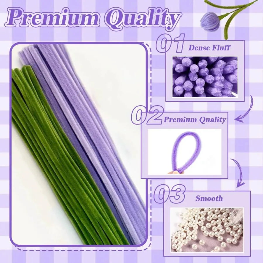 480PCS Purple Pipe Cleaners Flower Kit with Floral Wires Floral Tape and Pearl Beads Fluffy Pipe Cleaners Craft Supplies DIY Fl
