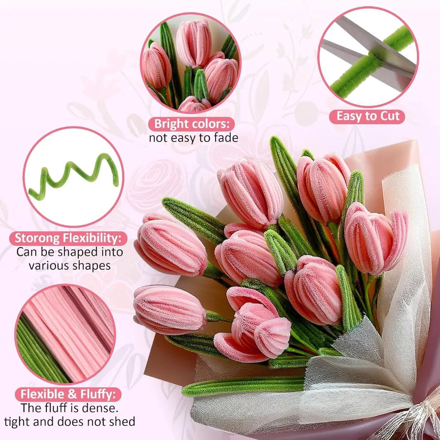 500 Pcs Pipe Cleaners Craft Kit for Flower Making Complete DIY Flower Craft Set with Chenille Stems Craft Wire Stamen Tape Ribb
