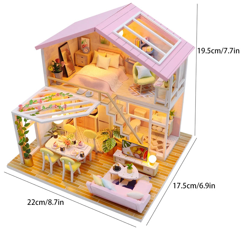 Dollhouse Miniature Pink Villa Assembly Model Architecture DIY Handmade 3D Puzzle Toy Set Wooden Crafts Girl Birthday Gift