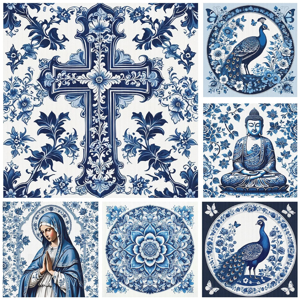 Full Embroidery Eco-cotton Thread 14CT Printed Blue and White Cross Stitch Kit