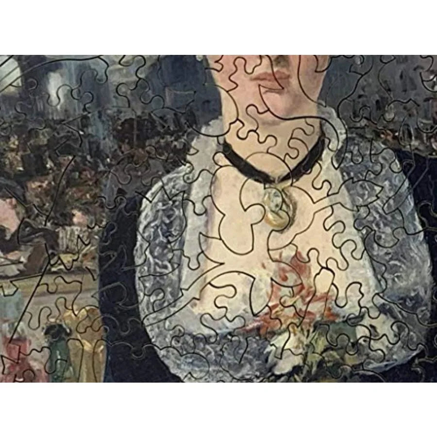Wooden Jigsaw Puzzle A Bar at The Folies Bergere by Edouard Manet 427 Pieces. Made in USA by Nautilus Puzzles