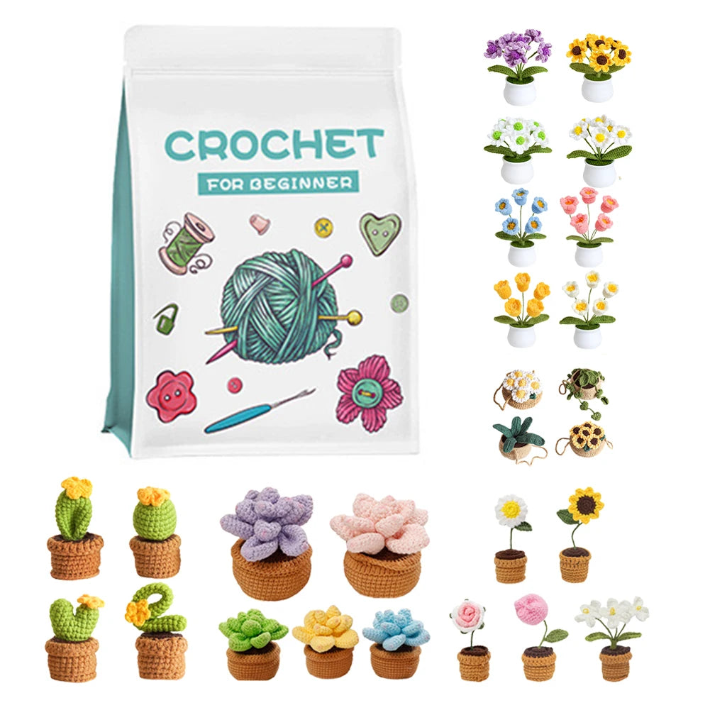 4Pcs Potted Plants Crochet Starter Kit DIY Crochet Set with Step-by-Step Video Tutorials for Beginners Adults