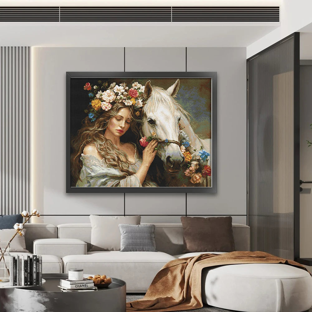 Full Embroidery cotton Thread 11CT Printed Girl Horse Cross Stitch 74x61cm