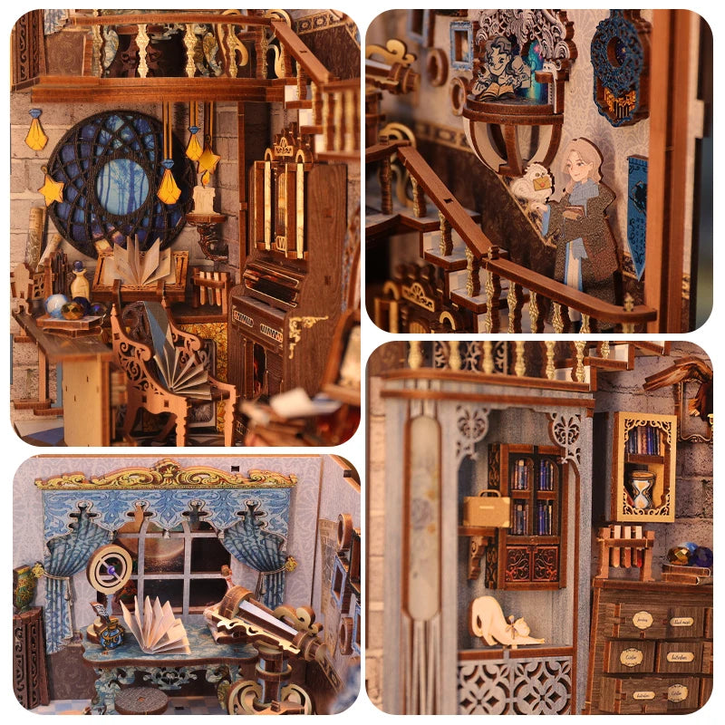 CUTEBEE DIY Book Nook Miniature Doll House With Touch Light Dust Cover Gift Ideas Bookshelf Insert Toys Gifts Nebula Common Room