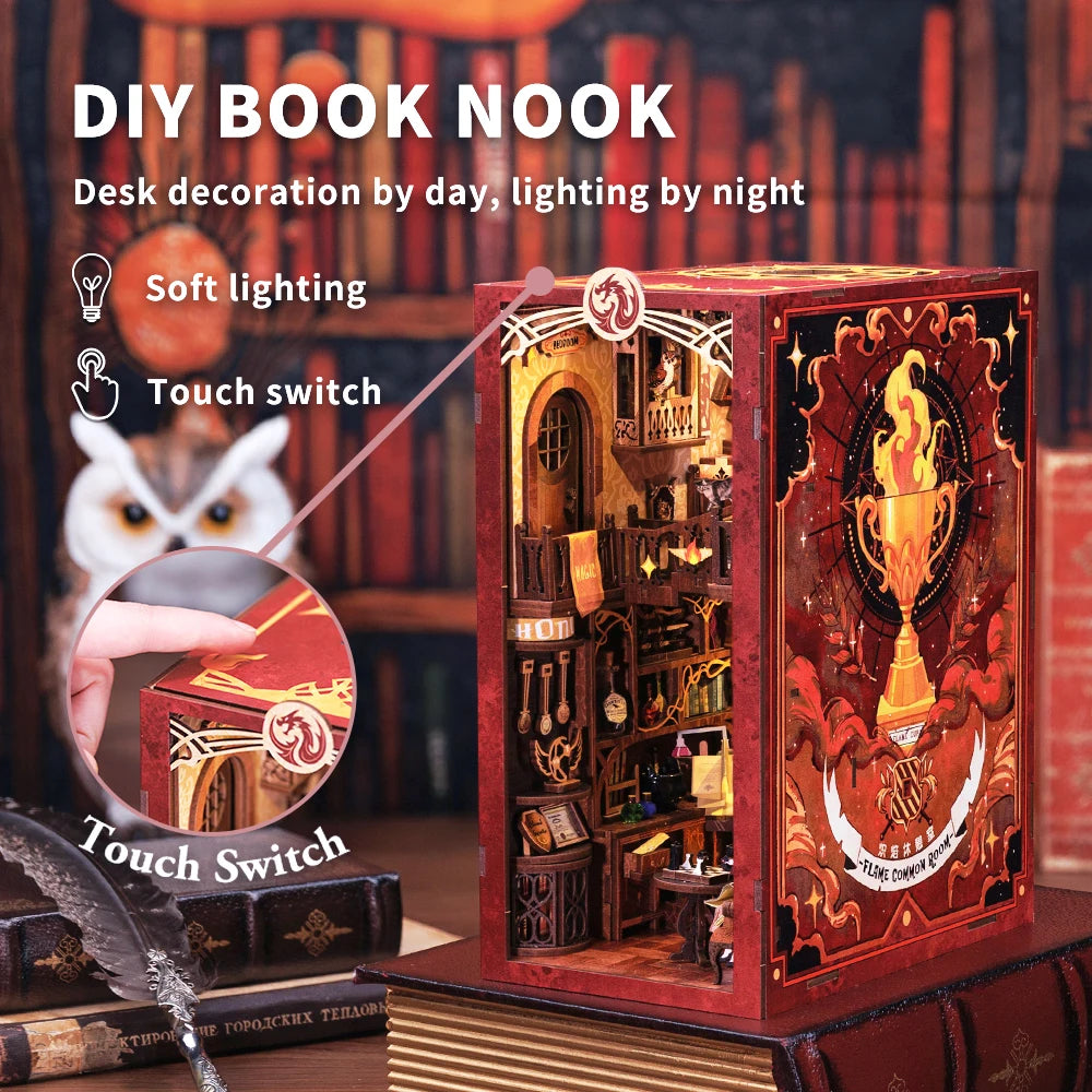 CUTEBEE Book Nook Doll House 3D Puzzle With Touch Light Dust Cover Magic Gift Ideas Bookshelf Insert Toy Gifts Flame Common Room