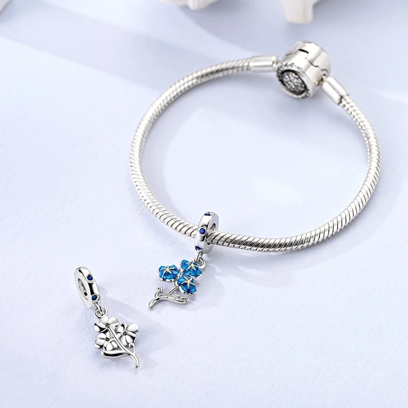 Abalorios de Plata de Ley 925 – Esmaltado "No Olvides" + Cuentas de Circonita Cúbica + Colgante de Flor