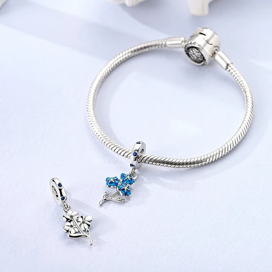 Abalorios de Plata de Ley 925 – Esmaltado "No Olvides" + Cuentas de Circonita Cúbica + Colgante de Flor