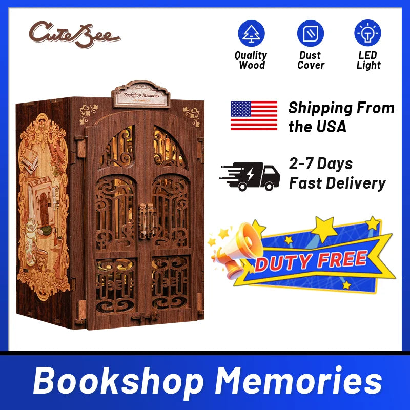 CUTEBEE DIY Book Nook Kit Miniature Wooden Dollhouse with Light Bookshelf Insert Decoration Model for Gifts Bookshop Memories