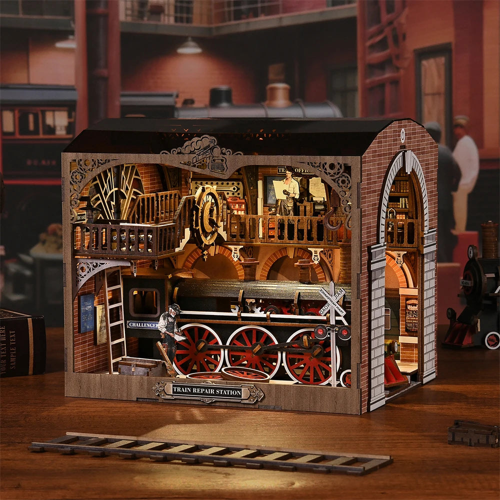 Book Nook Kit Tram Station Retro 3D DIY Wooden Puzzle Handmade Bookshelf Dollhouse Model Bookend Building Home Decoration