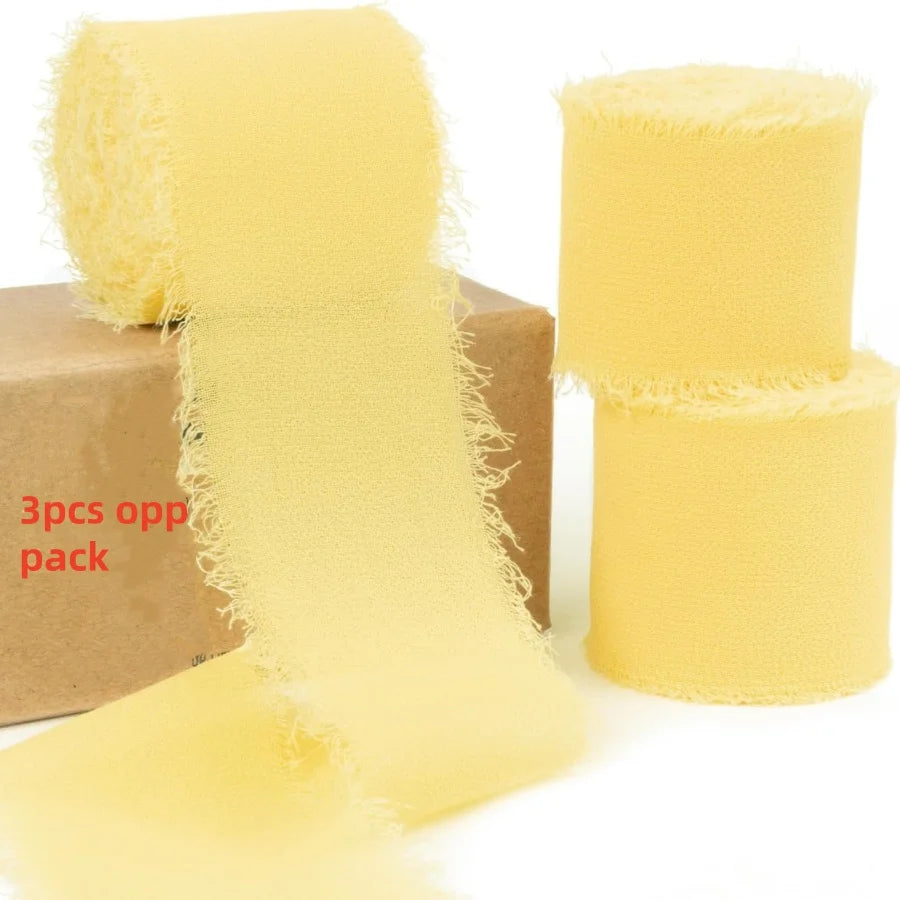 3 Roll/set 5m Frayed Edged Satin Handmade Chiffon Silk Ribbon For Wedding Invitation Bouquets Birthday Party DIY Decoration Gift