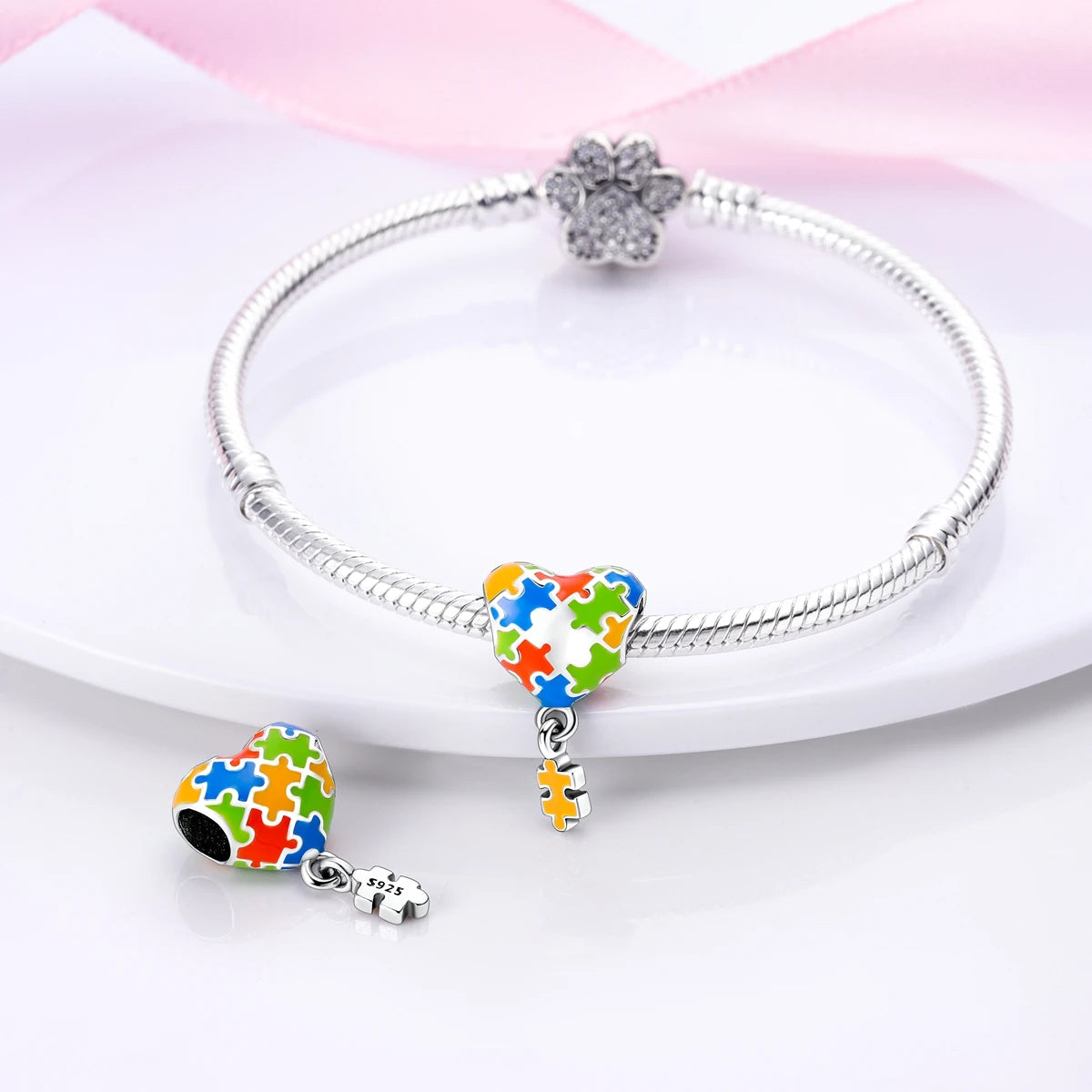 925 Sterling Silver Colorful patchwork heart shape Beads Fit Bracelets Necklace Women Gift DIY Jewelry Making Accessory