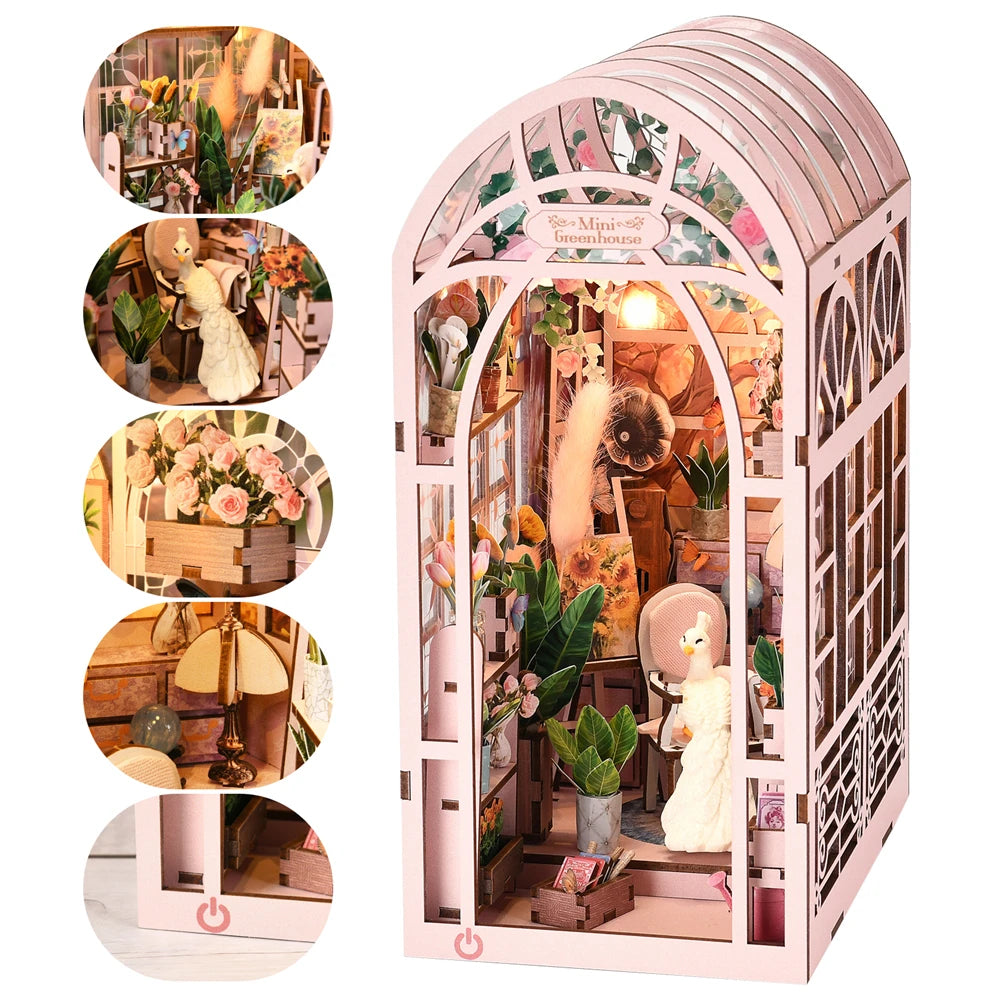 Book Nook Kit Sunlight Room Dollhouse Greenhouse Booknook 3D Wooden Puzzle Miniature Doll House For Bookshelf Insert Furniture