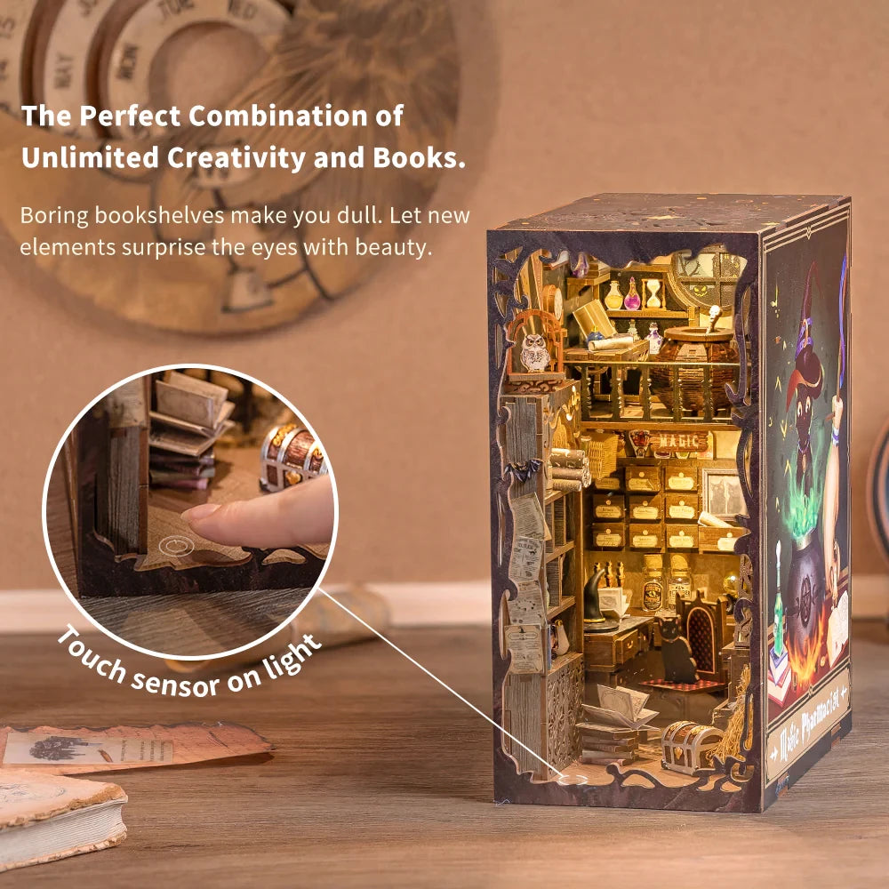 CUTEBEE 3D Puzzle DIY Book Nook Kit Wooden Dollhouse with Light Miniature Model Child Adult Toys for Count Cat's Study