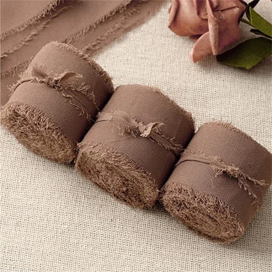 3 Roll/set 5m Frayed Edged Satin Handmade Chiffon Silk Ribbon For Wedding Invitation Bouquets Birthday Party DIY Decoration Gift