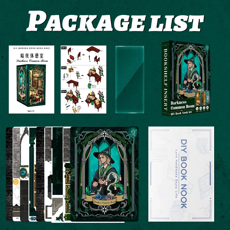 CUTEBEE DIY Book Nook Wooden Dollhouse with Light Dust Cover Magic Bookshelf Insert 3D Puzzle Decor Gift Darkness Common Room