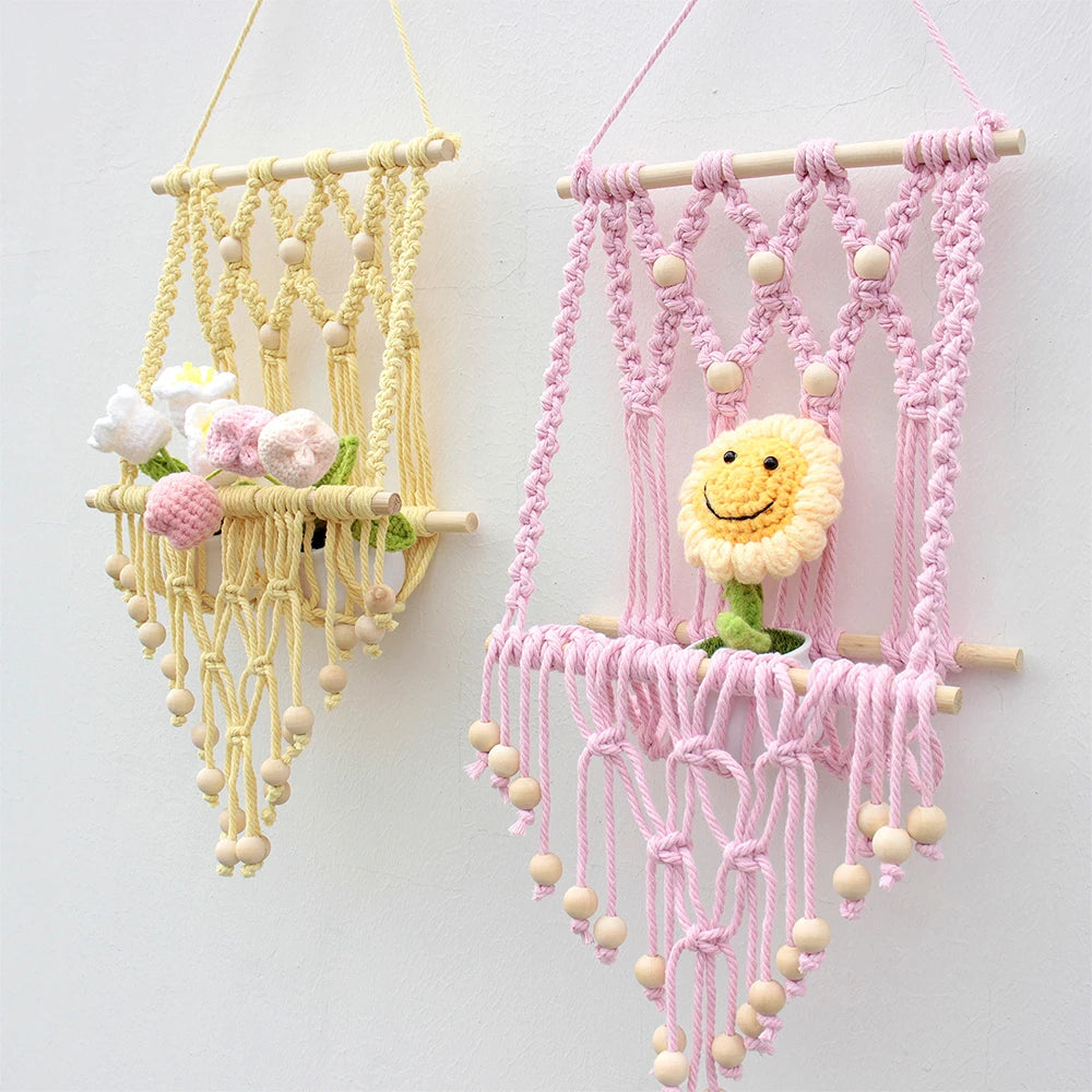 Bohemian Retro Hanging Bookshelf Macrame Kit - DIY Handmade Weaving Set with Beginner Guide, Wall-Mounted Shelf