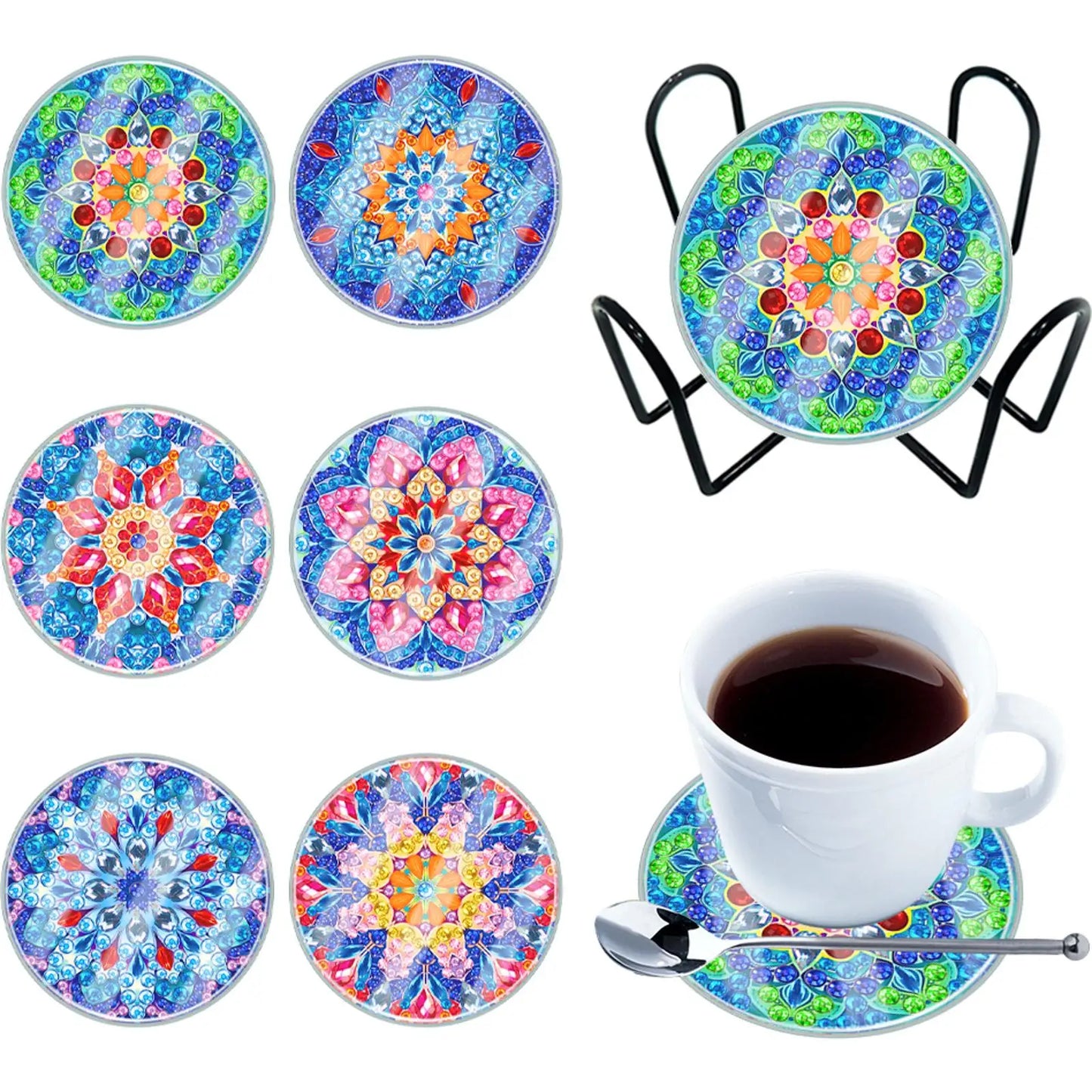 6PCS Diamond Painting Art Coaster Kit Mandala Acrylic Small Monster Washable with Holder for Adults Kids Beginner Gift Supplies