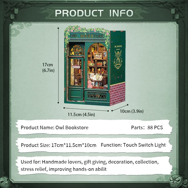 Cutebee 3D Wooden Puzzle Miniature Model Kits Owl Bookstore Mini DIY Doll House Home Decor for Family Unique Birthday Gifts