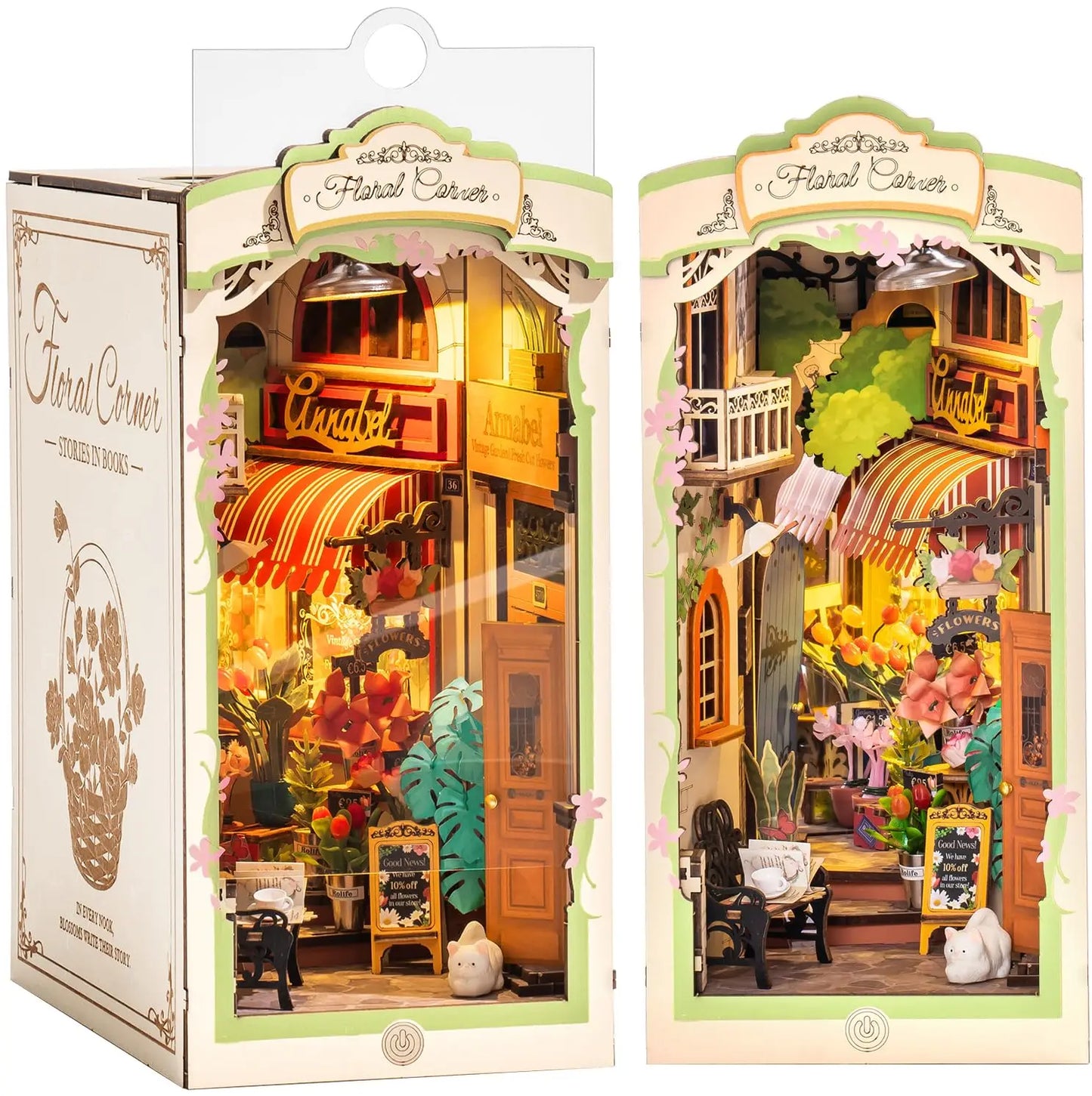 Robotime Rolife Floral Corner Book Nook 3D Wooden Toys Home Book Shelf Decoration DIY Miniature House Gifts for Family