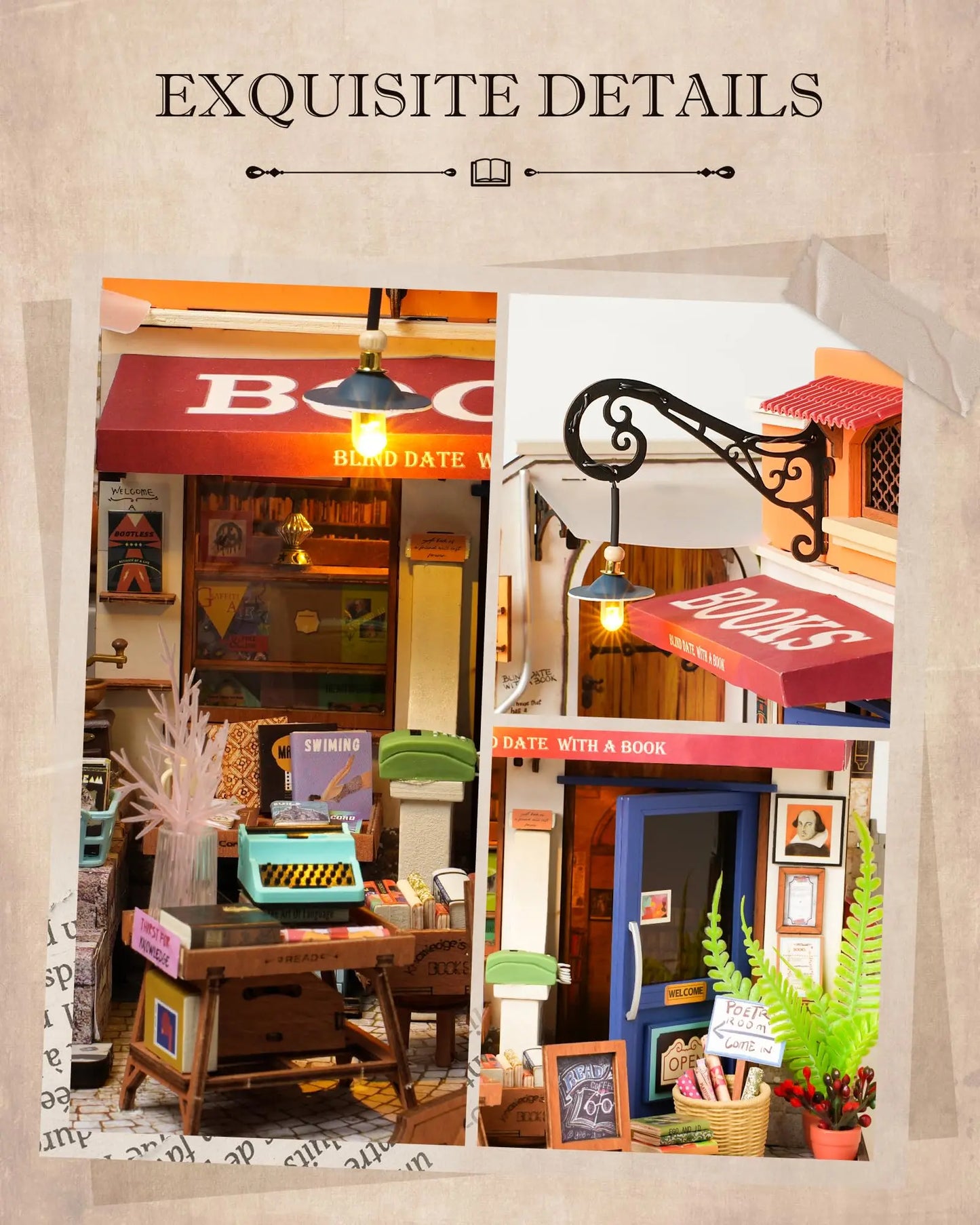 Robotime Miniature House Kit DIY Dollhouse Corner Bookstore with LED DIY Dollhouse Craft Kits for Adults Birthday for Women Kids