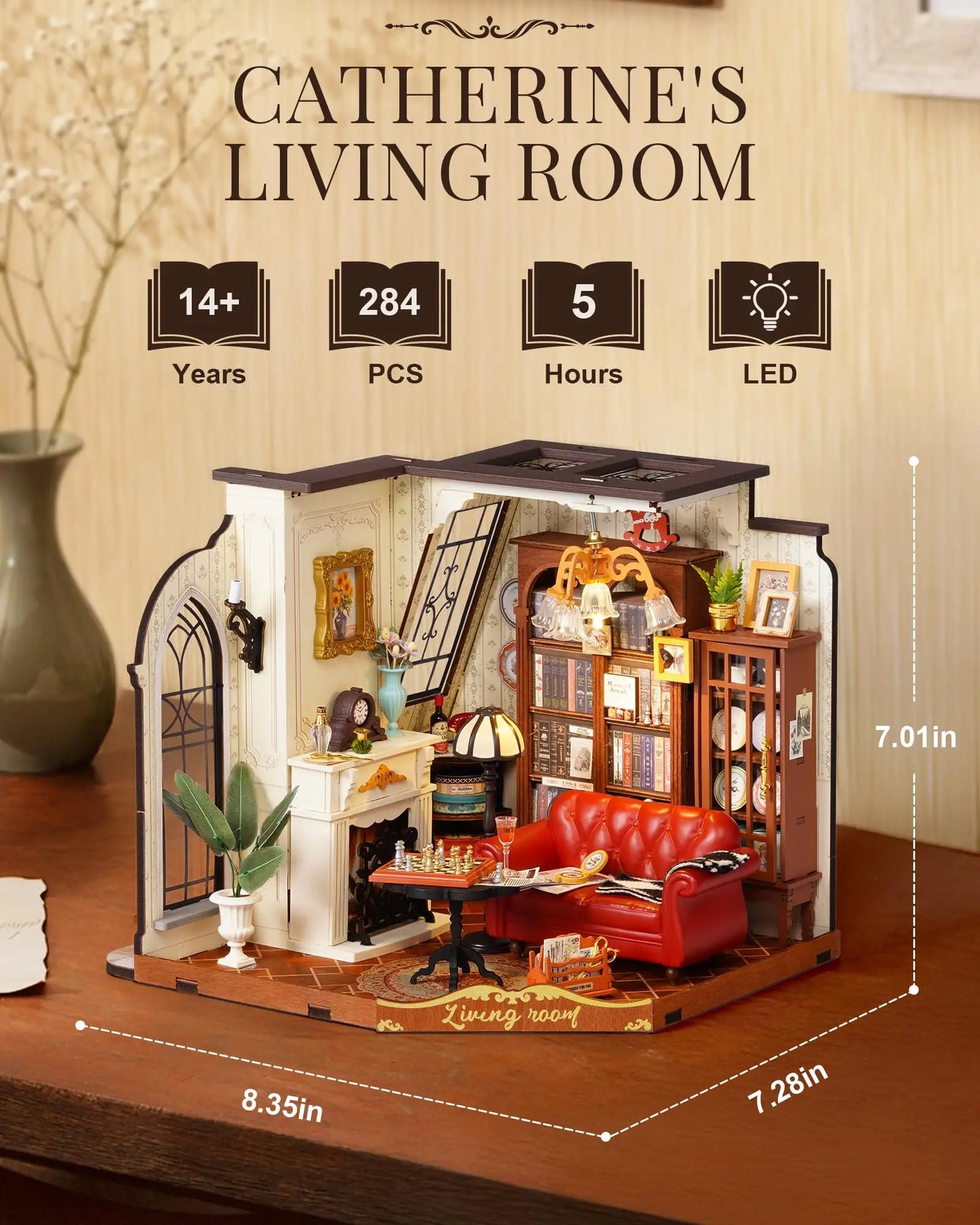 Robotime Rolife DIY Catherine's Living Room Doll House with Furniture Miniature Dollhouse Wooden Kits Toy for Kids Adults