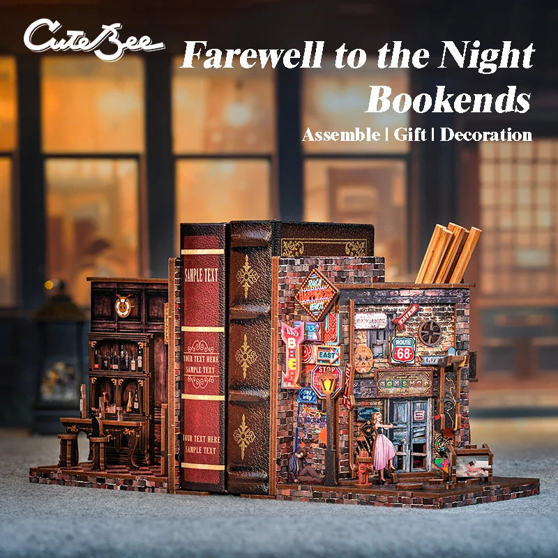CUTEBEE 3D Bookends DIY Dollhouse Wooden Bookshelf Insert Book Nook Decoration 3D Puzzle Toy for Gifts Farewell to the Night
