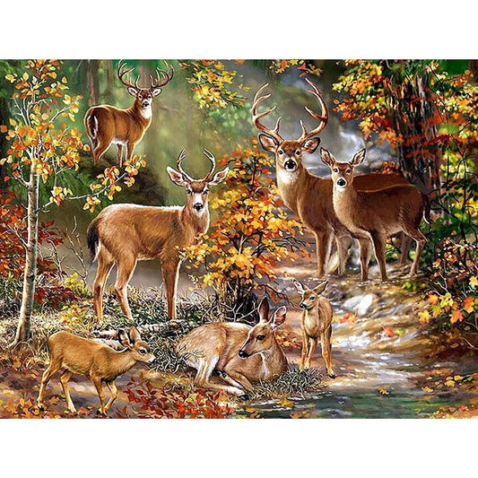 Cross Stitch Kits Forest Deer Herd Cross-Stitch Stamped Sets Colorful Fabric Embroidery Crafts 23.62x17.71in for Home Wall Decor