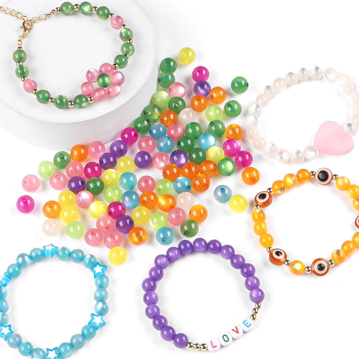 100pcs pack Resin Imitation Cat Eye Round Beads ColorfulStraight Hole Loose Beads Handmade Diy Beaded Earrings AccessoriesBracel